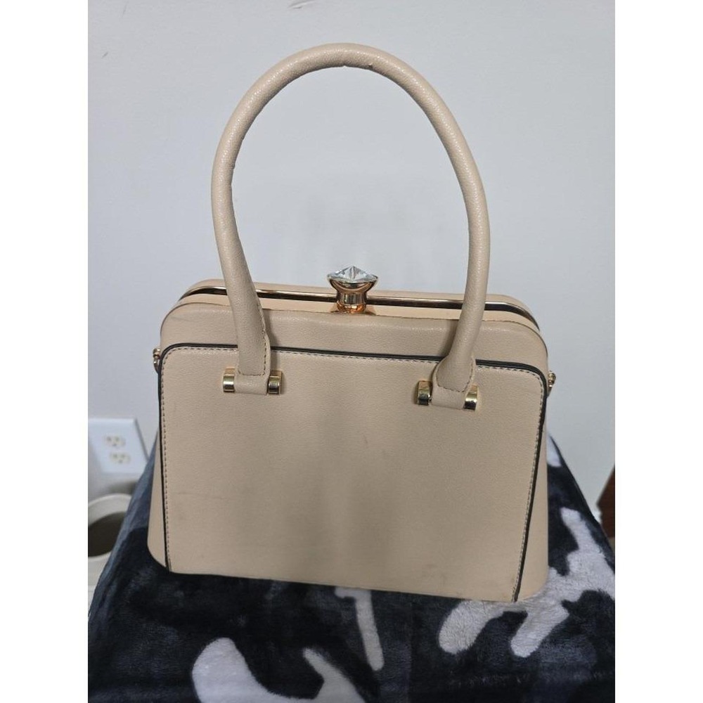 LA TERRE Tan Satchel Top Handle Bag Gem Accent